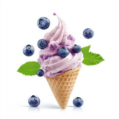 Blueberry ice cream flying, isolated on a white background, creating a dynamic and playful visual.