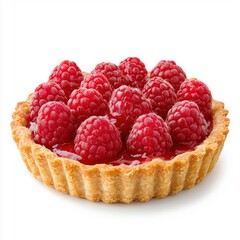 Raspberry tart isolated on a white background, highlighting the vibrant red berries and golden crust.