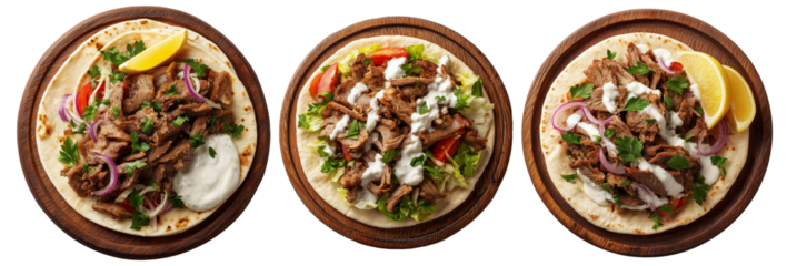 Falafel wrap filled with fresh vegetables and tahini drizzle sauce served on wooden plate, isolated on white, Arabic cuisine