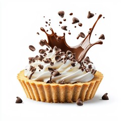 Chocolate tart with a circular sauce splash swirl, isolated on a white background, adding an artistic touch.