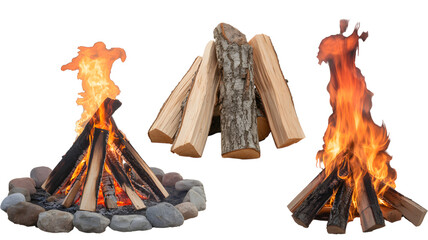 A display of campfires and firewood logs on a transparent backdrop