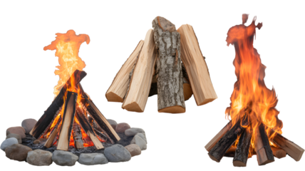 A display of campfires and firewood logs on a transparent backdrop