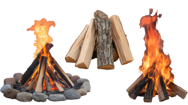 A display of campfires and firewood logs on a transparent backdrop - Powered by Adobe