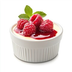 Oozing raspberry sauce on cr&egrave;me br&ucirc;l&eacute;e, isolated on a white background, highlighting a rich and decadent texture.