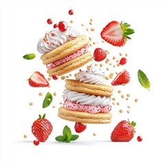 Strawberry cookie sandwich flying through the air, isolated on a white background, adding a dynamic touch.