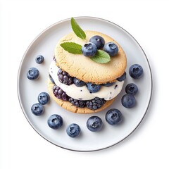 Blueberry cookie sandwich presented on a plate, isolated on a white background, highlighting a classic and refined dessert presentation.