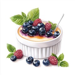 Watercolor illustration of blueberry cr&egrave;me br&ucirc;l&eacute;e, isolated on a white background, providing an elegant and artistic appearance.