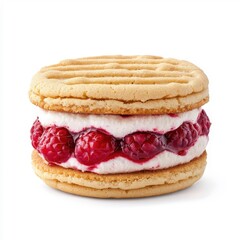 Raspberry cookie sandwich isolated on a white background, highlighting the vibrant raspberry filling and cookie layers.
