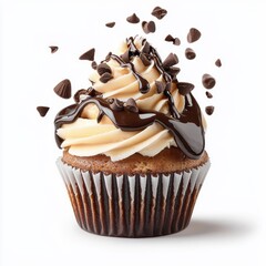 Chocolate sauce in a circular splash swirl on the muffin cake, isolated on a white background, creating a visually appealing effect.