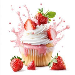 Strawberry sauce in a circular splash swirl on the muffin cake, isolated on a white background, creating an appealing visual effect.