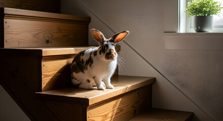 Spotted Rabbit Sitting on Rustic Wooden Staircase