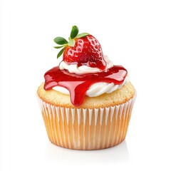 Oozing strawberry sauce on the muffin cake, isolated on a white background, highlighting a delicious and juicy texture.