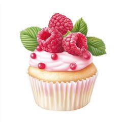 Watercolor illustration of a raspberry muffin cake, isolated on a white background, providing an elegant and artistic appearance.