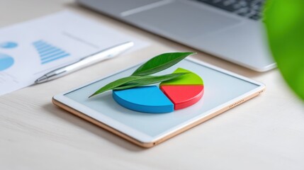 Tablet displaying colorful pie chart representing eco-friendly business model analysis and data visualization techniques