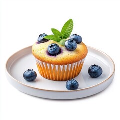 Blueberry muffin cake served on a plate, isolated on a white background, highlighting its classic and appealing presentation.
