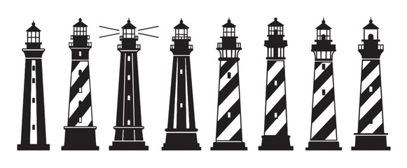 Collection of black lighthouse silhouettes in various designs, including striped and solid patterns, presented as a set of graphic vector icons for nautical and maritime themes