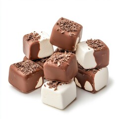 Chocolate marshmallows isolated on a white background, showcasing their rich and smooth texture.