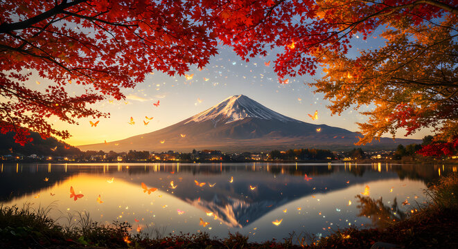 Serene Mount Fuji landscape in autumn with glowing butterflies red maple leaves and a calm lake reflection at sunrise. - Powered by Adobe
