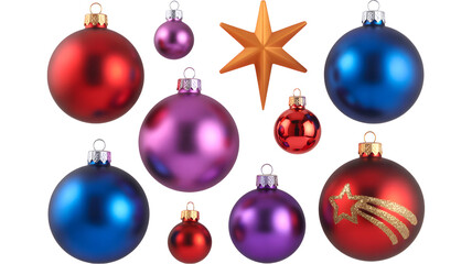 Colorful christmas ornaments and a star on a black background view