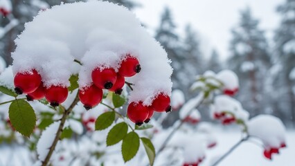 Snow-covered red berries on a bush with green leaves in a winter landscape with trees in the background.