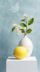Lemon displayed on an elegant podium, showcasing its bright yellow skin and fresh appearance.