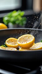 Lemon cooked in a skillet with spices, showcasing a flavorful dish.
