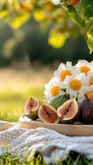Fig on a picnic blanket with fresh fruits in a sunny outdoor setting.