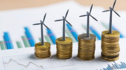 Stack of coins with wind turbines representing eco-friendly investment portfolio for sustainable energy solutions