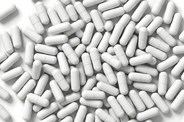 Truly Randomly Scattered Generic White Medical Capsules Isolated on Pure White Background, Hyper-Realistic Texture, Razor-Sharp Edges, Clean Shadow for Healthcare and Pharmacy Content