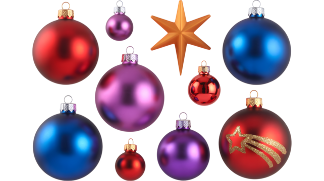 Colorful christmas ornaments and a star on a black background view