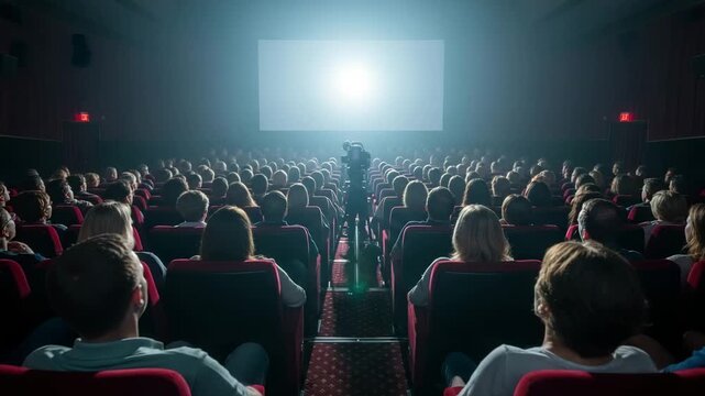 Captivated audience watches bright screen in dimly lit movie theater, experiencing cinematic magic