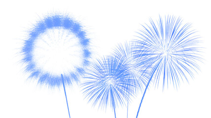 A view of three blue fireworks against a stark black background