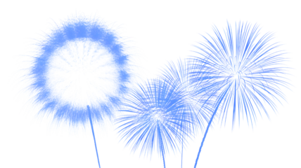 A view of three blue fireworks against a stark black background