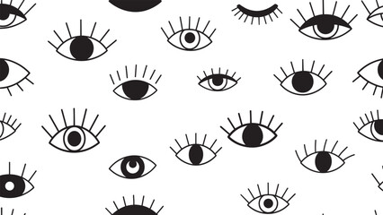 Hand drawn seamless pattern of stylized black eyes with long eyelashes in a simple doodle style, featuring various open and closed expressions for a modern and playful graphic design
