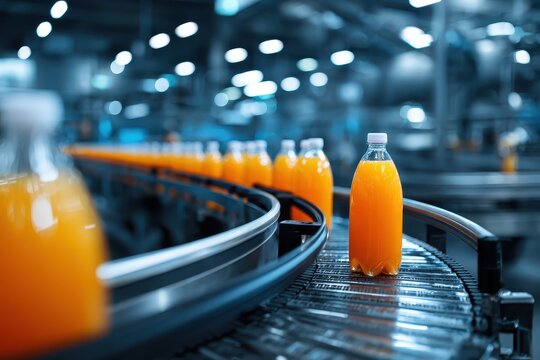 Conveyor belt transporting freshly filled juice bottles in a beverage production facility during operational hours