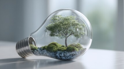 Light bulb containing a tree inside symbolizing eco-innovation proposal for new product development and sustainability