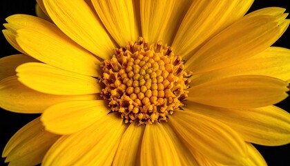 Extreme Close Up Of A Vibrant Yellow Daisy Flower With Intricate Details In Its Center And Petals Against A Stark Black Background