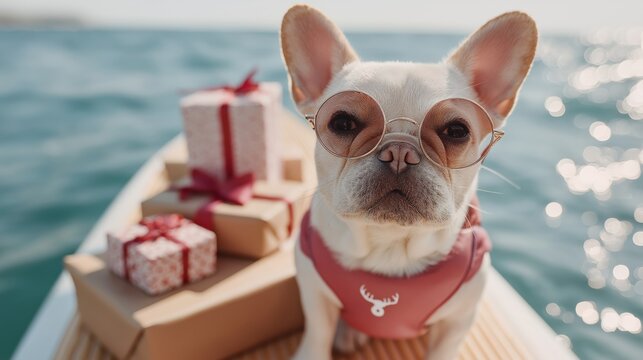 A French bulldog sits on a boat with gift boxes, supporting holiday travel themes, Christmas retail messaging, festive lifestyle branding, and seasonal pet marketing. Image works for gift promotions