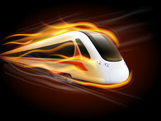 Modern high speed train traveling at incredible speed engulfed in fiery flames and streaking motion blur