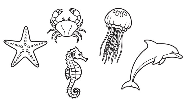 Set of black and white sea animal line drawings featuring a starfish, crab, seahorse, jellyfish, and dolphin in a simple, minimalist doodle style for a coloring book