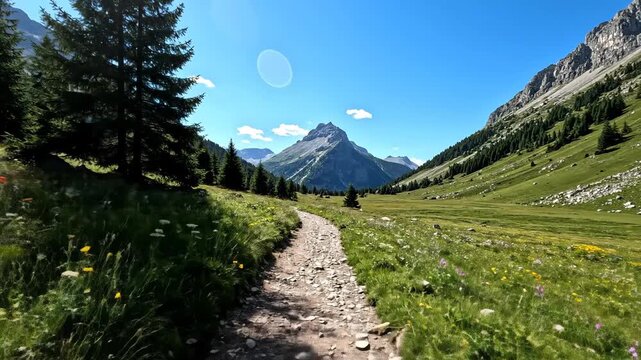 Scenic mountain trail path through grassy meadow under bright blue sky