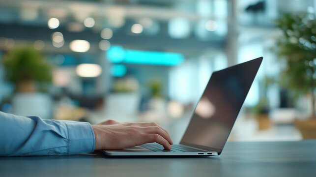 Business hands typing on a laptop support technology marketing, corporate communication, productivity branding, and digital workflow promotion. Image enhances commercial assets for software