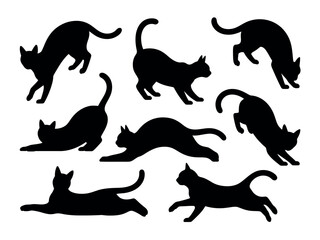 A collection of black cat silhouettes in various playful and stretching poses against a white background.