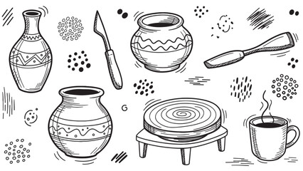 Hand-drawn pottery and ceramics tools collection illustration in a black and white doodle style, featuring a potter's wheel, clay pots, vases, and sculpting instruments for a creative workshop
