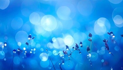 Abstract Blue Bokeh Background with Water Droplets on Grass.