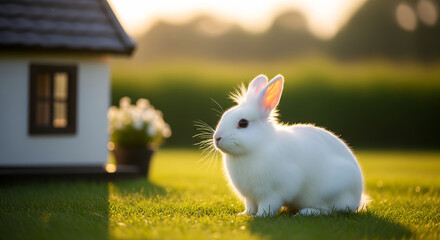 White Bunny in Sunny Garden with Miniature House