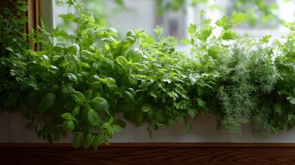 Window sill with a variety of green plants growing on it. the plants are of different sizes and shapes, with some having small leaves and others having larger leaves.