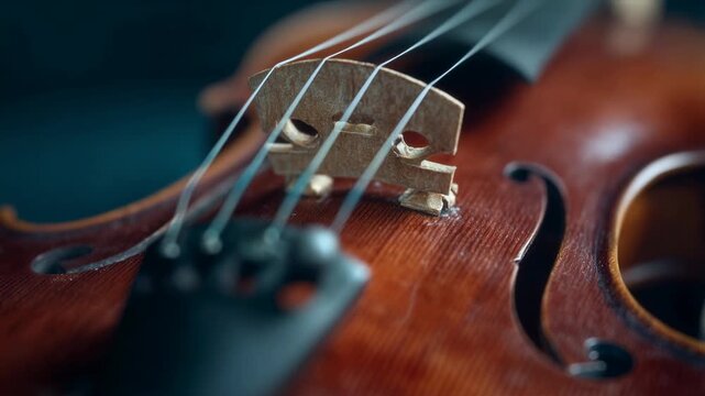 Closeup of violin strings bridge and fingerboard in warm light highlighting craftsmanship classical music performance and rich acoustic sound