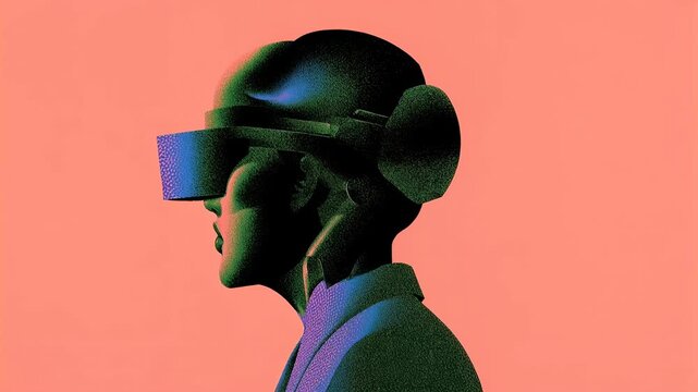 Stylized profile of person wearing sleek visor headset on peach gradient background symbolizing virtual reality metaverse exploration and futuristic digital lifestyle
