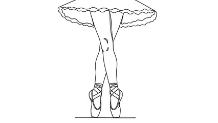 One line art line art drawing of a ballerinas legs and feet en pointe wearing a tutu, isolated on white background
